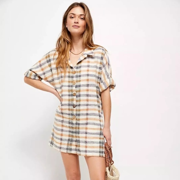 Free People Textured Cotton Plaid FELICITY Romper S